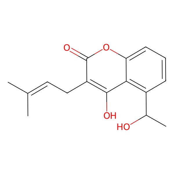 2D Structure of 4-Hydroxy-5-(1-hydroxyethyl)-3-(3-methylbut-2-enyl)chromen-2-one