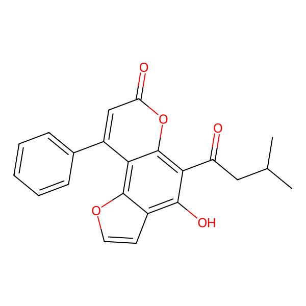 2D Structure of 4-Hydroxy-5-(3-methylbutanoyl)-9-phenylfuro[2,3-f]chromen-7-one
