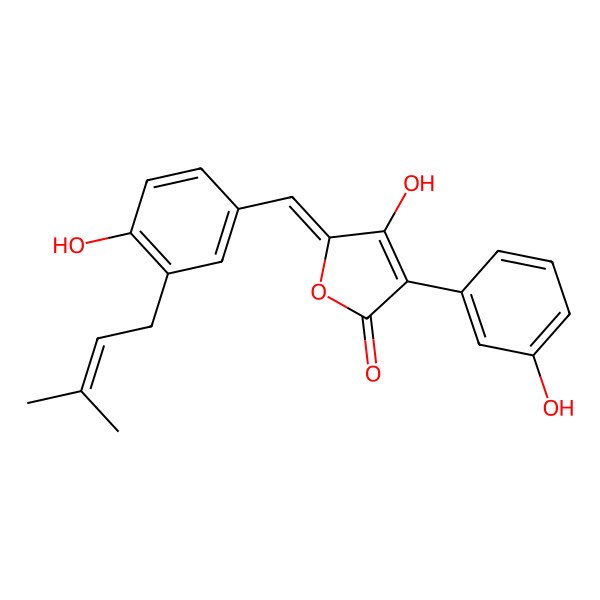 2D Structure of 4-Hydroxy-5-[[4-hydroxy-3-(3-methylbut-2-enyl)phenyl]methylidene]-3-(3-hydroxyphenyl)furan-2-one