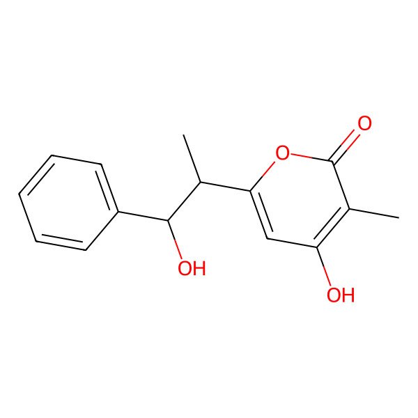 2D Structure of 4-hydroxy-6-(2-hydroxy-2-phenyl-1-methylethyl)-3-methyl-2H-pyran-2-one