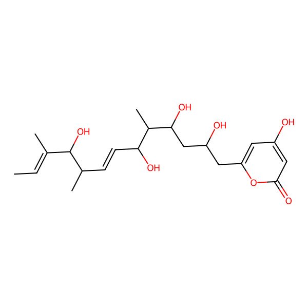 2D Structure of 4-Hydroxy-6-(2,4,6,10-tetrahydroxy-5,9,11-trimethyltrideca-7,11-dienyl)pyran-2-one