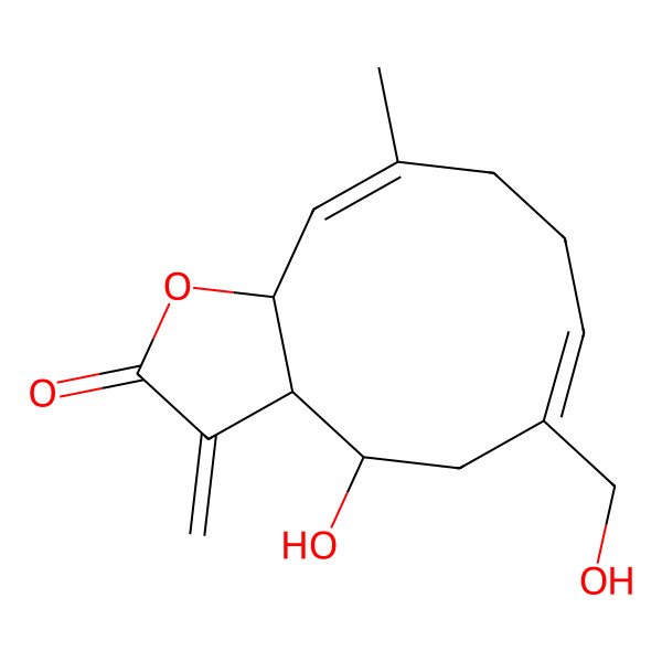 2D Structure of 4-Hydroxy-6-(hydroxymethyl)-10-methyl-3-methylidene-3a,4,5,8,9,11a-hexahydrocyclodeca[b]furan-2-one