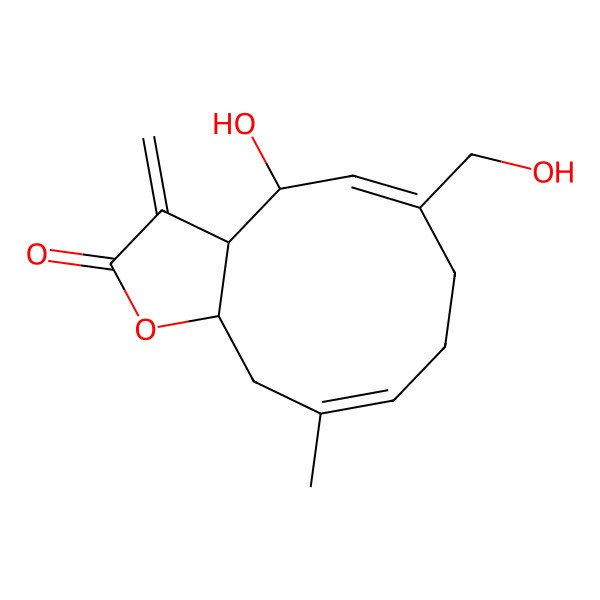 2D Structure of 4-Hydroxy-6-(hydroxymethyl)-10-methyl-3-methylidene-3a,4,7,8,11,11a-hexahydrocyclodeca[b]furan-2-one