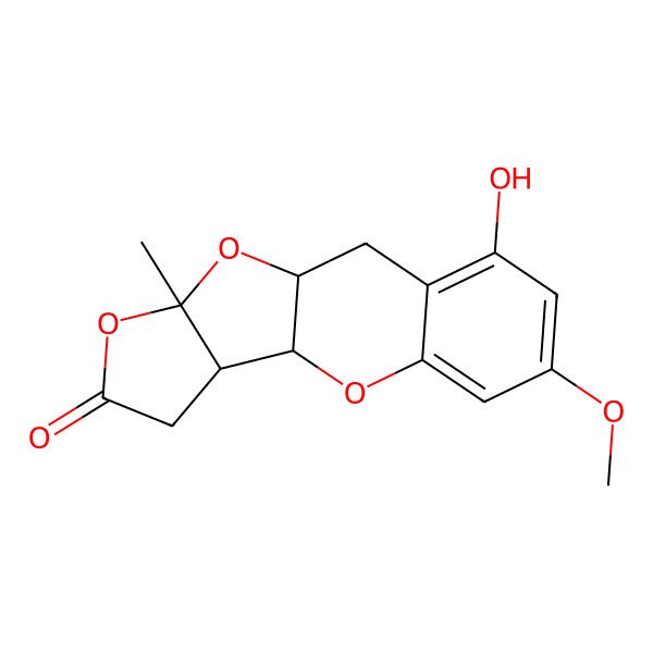 2D Structure of 4-Hydroxy-6-methoxy-15-methyl-9,14,16-trioxatetracyclo[8.6.0.03,8.011,15]hexadeca-3,5,7-trien-13-one