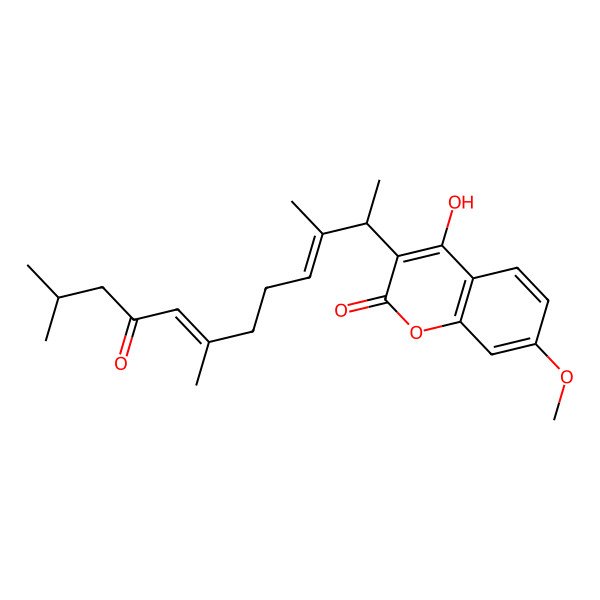 2D Structure of 4-hydroxy-7-methoxy-3-[(2R,3E,7Z)-3,7,11-trimethyl-9-oxododeca-3,7-dien-2-yl]chromen-2-one