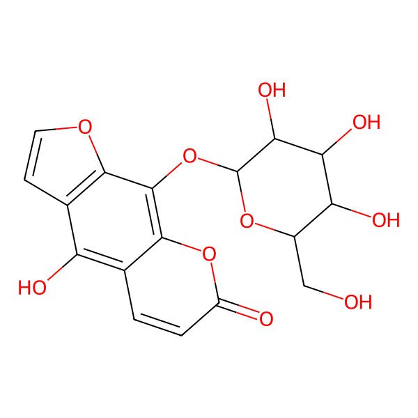 2D Structure of 4-Hydroxy-9-[3,4,5-trihydroxy-6-(hydroxymethyl)oxan-2-yl]oxyfuro[3,2-g]chromen-7-one