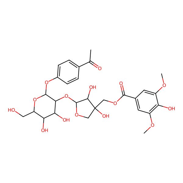 2D Structure of 4'-Hydroxyacetophenone 4'-[4-hydroxy-3,5-dimethoxybenzoyl-(->5)-apiosyl-(1->2)-glucoside]