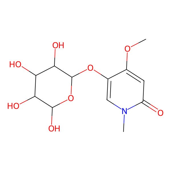 2D Structure of 4-methoxy-1-methyl-5-[(2R,3R,4S,5S,6S)-3,4,5,6-tetrahydroxyoxan-2-yl]oxypyridin-2-one