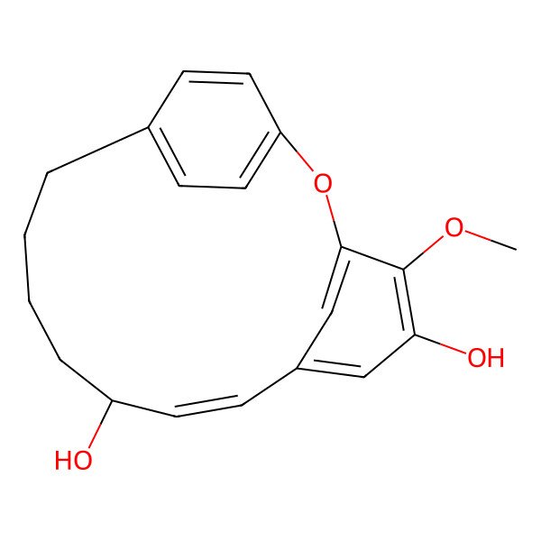 2D Structure of 4-Methoxy-2-oxatricyclo[13.2.2.13,7]icosa-1(17),3(20),4,6,8,15,18-heptaene-5,10-diol