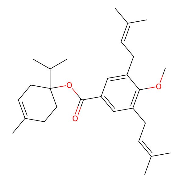 2D Structure of (4-Methyl-1-propan-2-ylcyclohex-3-en-1-yl) 4-methoxy-3,5-bis(3-methylbut-2-enyl)benzoate