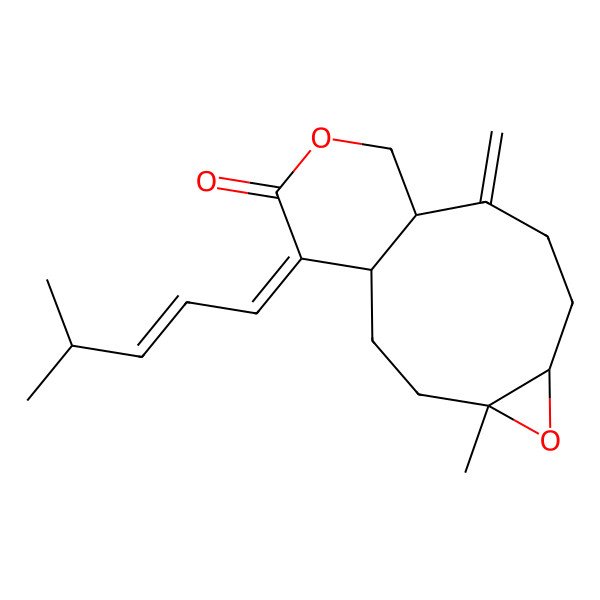 2D Structure of 4-Methyl-9-methylidene-14-(4-methylpent-2-enylidene)-5,12-dioxatricyclo[8.4.0.04,6]tetradecan-13-one