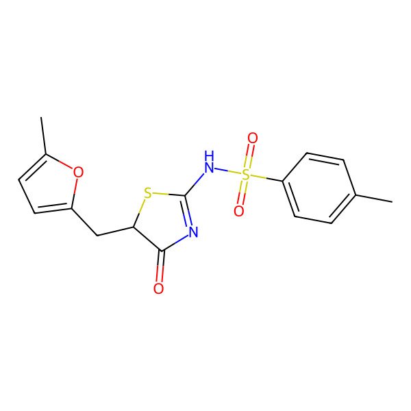 2D Structure of 4-methyl-N-[5-[(5-methylfuran-2-yl)methyl]-4-oxo-1,3-thiazol-2-yl]benzenesulfonamide