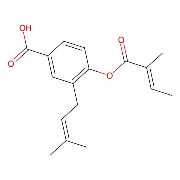 2D Structure of 4-[(Z)-2-methylbut-2-enoyl]oxy-3-(3-methylbut-2-enyl)benzoic acid