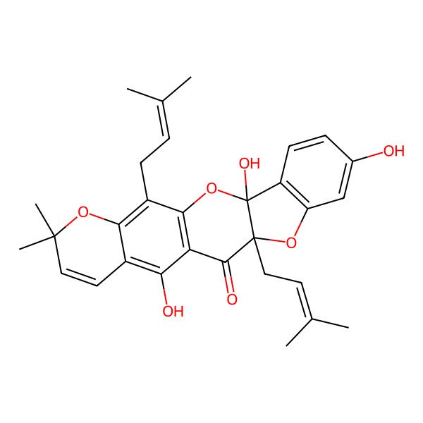 2D Structure of 3,7,14-Trihydroxy-18,18-dimethyl-11,21-bis(3-methylbut-2-enyl)-2,10,19-trioxapentacyclo[11.8.0.03,11.04,9.015,20]henicosa-1(13),4(9),5,7,14,16,20-heptaen-12-one