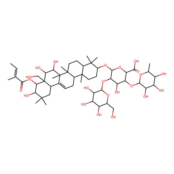 2D Structure of (2S,3S,4S,5R,6R)-6-[[(3S,4aR,6aR,6bS,7R,8S,8aR,9R,10R,12aS,14aR,14bR)-7,8,10-trihydroxy-8a-(hydroxymethyl)-4,4,6a,6b,11,11,14b-heptamethyl-9-[(Z)-2-methylbut-2-enoyl]oxy-1,2,3,4a,5,6,7,8,9,10,12,12a,14,14a-tetradecahydropicen-3-yl]oxy]-4-hydroxy-5-[(2S,3R,4S,5S,6R)-3,4,5-trihydroxy-6-(hydroxymethyl)oxan-2-yl]oxy-3-[(2S,3R,4R,5R,6S)-3,4,5-trihydroxy-6-methyloxan-2-yl]oxyoxane-2-carboxylic acid