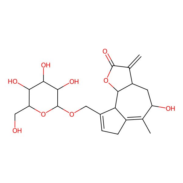 2D Structure of 5-Hydroxy-6-methyl-3-methylidene-9-[[3,4,5-trihydroxy-6-(hydroxymethyl)oxan-2-yl]oxymethyl]-3a,4,5,7,9a,9b-hexahydroazuleno[4,5-b]furan-2-one