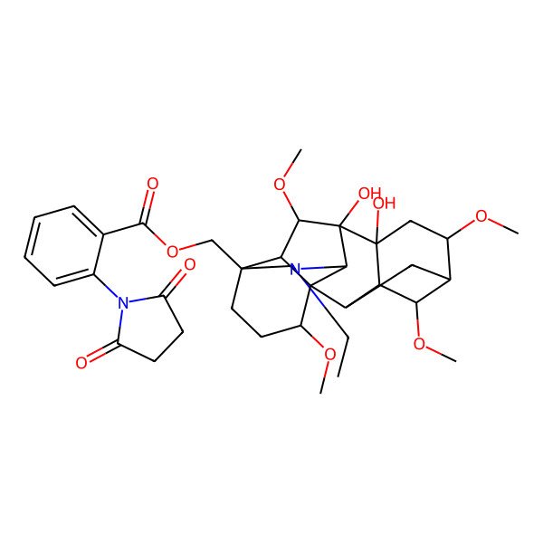 2D Structure of [(1S,2R,3R,4S,5R,6S,8R,9S,10S,13S,16R,17R,18S)-11-ethyl-8,9-dihydroxy-4,6,16,18-tetramethoxy-11-azahexacyclo[7.7.2.12,5.01,10.03,8.013,17]nonadecan-13-yl]methyl 2-(2,5-dioxopyrrolidin-1-yl)benzoate