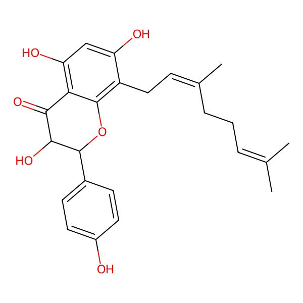 2D Structure of (2R,3R)-8-[(2E)-3,7-dimethylocta-2,6-dienyl]-3,5,7-trihydroxy-2-(4-hydroxyphenyl)-2,3-dihydrochromen-4-one