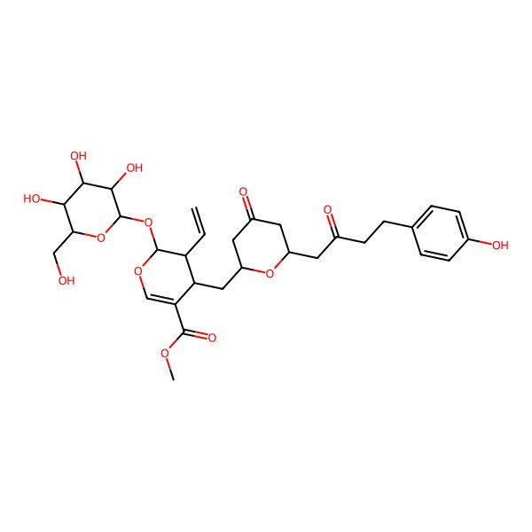 2D Structure of methyl (2S,3R,4S)-3-ethenyl-4-[[(2R,6S)-6-[4-(4-hydroxyphenyl)-2-oxobutyl]-4-oxooxan-2-yl]methyl]-2-[(2S,3R,4S,5S,6R)-3,4,5-trihydroxy-6-(hydroxymethyl)oxan-2-yl]oxy-3,4-dihydro-2H-pyran-5-carboxylate