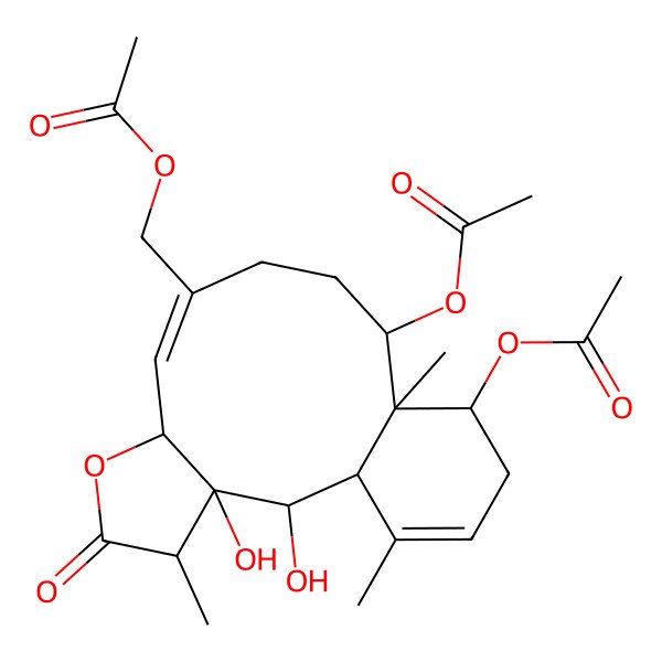 2D Structure of [(1S,2R,3R,4R,7S,8E,12S,13S,14S)-12,14-diacetyloxy-2,3-dihydroxy-4,13,17-trimethyl-5-oxo-6-oxatricyclo[11.4.0.03,7]heptadeca-8,16-dien-9-yl]methyl acetate