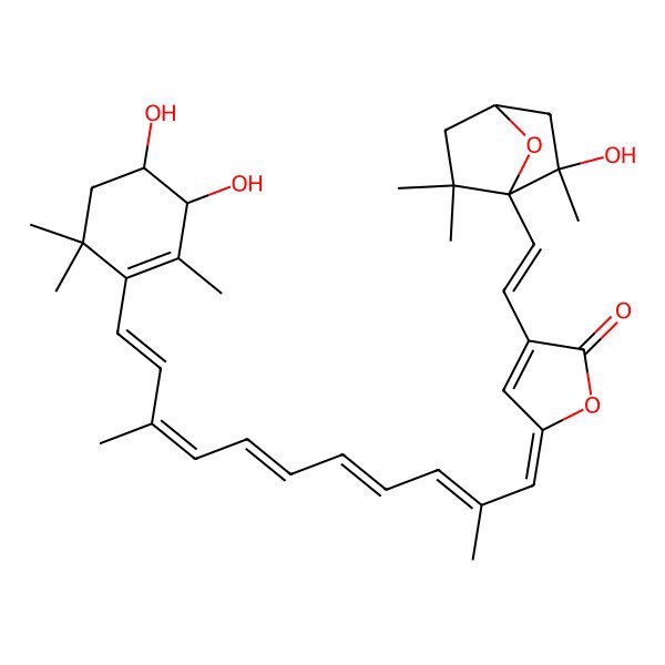 2D Structure of (5Z)-5-[(2E,4E,6E,8E,10E)-11-[(3R,4S)-3,4-dihydroxy-2,6,6-trimethylcyclohexen-1-yl]-2,9-dimethylundeca-2,4,6,8,10-pentaenylidene]-3-[(E)-2-[(1R,2R,4S)-2-hydroxy-2,6,6-trimethyl-7-oxabicyclo[2.2.1]heptan-1-yl]ethenyl]furan-2-one