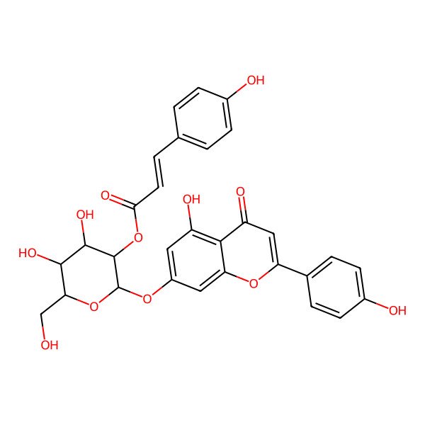 2D Structure of [(2S,3R,4S,5S,6R)-4,5-dihydroxy-2-[5-hydroxy-2-(4-hydroxyphenyl)-4-oxochromen-7-yl]oxy-6-(hydroxymethyl)oxan-3-yl] (E)-3-(4-hydroxyphenyl)prop-2-enoate
