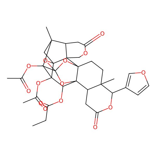 2D Structure of [3,4-Diacetyloxy-20-(furan-3-yl)-5,14,19-trimethyl-8,22-dioxo-9,13,15,21,25-pentaoxaoctacyclo[12.10.1.15,12.01,16.03,12.06,11.011,16.019,24]hexacosan-2-yl] propanoate