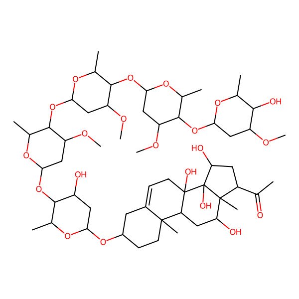2D Structure of 1-[(3S,8S,9R,10R,12R,13S,14S,15R,17R)-8,12,14,15-tetrahydroxy-3-[(2R,4R,5S,6R)-4-hydroxy-5-[(2S,4R,5R,6R)-5-[(2S,4R,5R,6R)-5-[(2S,4S,5R,6R)-5-[(2S,4R,5R,6R)-5-hydroxy-4-methoxy-6-methyloxan-2-yl]oxy-4-methoxy-6-methyloxan-2-yl]oxy-4-methoxy-6-methyloxan-2-yl]oxy-4-methoxy-6-methyloxan-2-yl]oxy-6-methyloxan-2-yl]oxy-10,13-dimethyl-2,3,4,7,9,11,12,15,16,17-decahydro-1H-cyclopenta[a]phenanthren-17-yl]ethanone