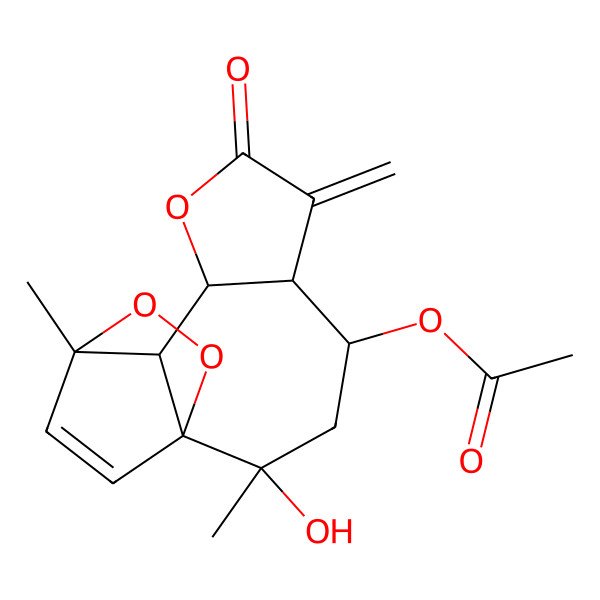 2D Structure of (2-Hydroxy-2,11-dimethyl-6-methylidene-7-oxo-8,12,13-trioxatetracyclo[9.2.2.01,10.05,9]pentadec-14-en-4-yl) acetate