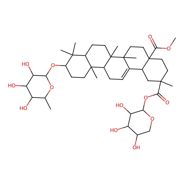2D Structure of 4a-O-methyl 2-O-[(2S,3R,4S,5R)-3,4,5-trihydroxyoxan-2-yl] (2R,4aR,6aR,6aS,6bR,8aR,10S,12aR,14bS)-2,6a,6b,9,9,12a-hexamethyl-10-[(2R,3R,4R,5R,6S)-3,4,5-trihydroxy-6-methyloxan-2-yl]oxy-1,3,4,5,6,6a,7,8,8a,10,11,12,13,14b-tetradecahydropicene-2,4a-dicarboxylate