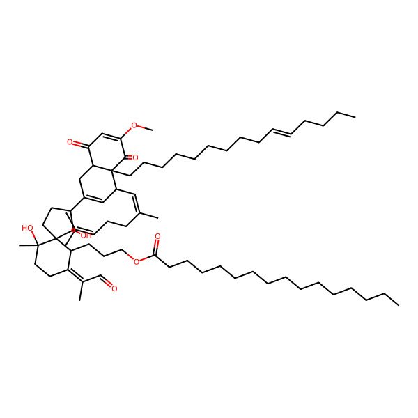 2D Structure of 3-[(3S,4R,5S,6R,7Z,10S)-3-[(4R,4aS,8aR)-4-[(1E)-2,6-dimethylhepta-1,5-dienyl]-6-methoxy-5,8-dioxo-4a-[(Z)-pentadec-10-enyl]-4,8a-dihydro-1H-naphthalen-2-yl]-4,10-dihydroxy-10-methyl-7-(1-oxopropan-2-ylidene)spiro[4.5]decan-6-yl]propyl hexadecanoate