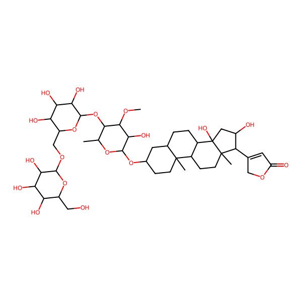 2D Structure of 3-[(3S,5R,8R,9S,10S,13R,14S,16S,17R)-14,16-dihydroxy-3-[(3S,4S,5R,6S)-3-hydroxy-4-methoxy-6-methyl-5-[(2S,3R,4S,5S,6R)-3,4,5-trihydroxy-6-[[(2R,3R,4S,5S,6R)-3,4,5-trihydroxy-6-(hydroxymethyl)oxan-2-yl]oxymethyl]oxan-2-yl]oxyoxan-2-yl]oxy-10,13-dimethyl-1,2,3,4,5,6,7,8,9,11,12,15,16,17-tetradecahydrocyclopenta[a]phenanthren-17-yl]-2H-furan-5-one