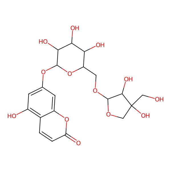 2D Structure of 7-[(2S,3R,4S,5S,6R)-6-[[(2R,3R,4R)-3,4-dihydroxy-4-(hydroxymethyl)oxolan-2-yl]oxymethyl]-3,4,5-trihydroxyoxan-2-yl]oxy-5-hydroxychromen-2-one