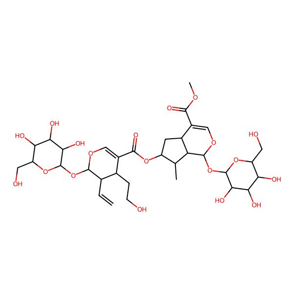 2D Structure of methyl (1S,4aS,6S,7R,7aS)-6-[(2S,3S,4S)-3-ethenyl-4-(2-hydroxyethyl)-2-[(2S,3R,4S,5S,6R)-3,4,5-trihydroxy-6-(hydroxymethyl)oxan-2-yl]oxy-3,4-dihydro-2H-pyran-5-carbonyl]oxy-7-methyl-1-[(2S,3R,4S,5S,6R)-3,4,5-trihydroxy-6-(hydroxymethyl)oxan-2-yl]oxy-1,4a,5,6,7,7a-hexahydrocyclopenta[c]pyran-4-carboxylate