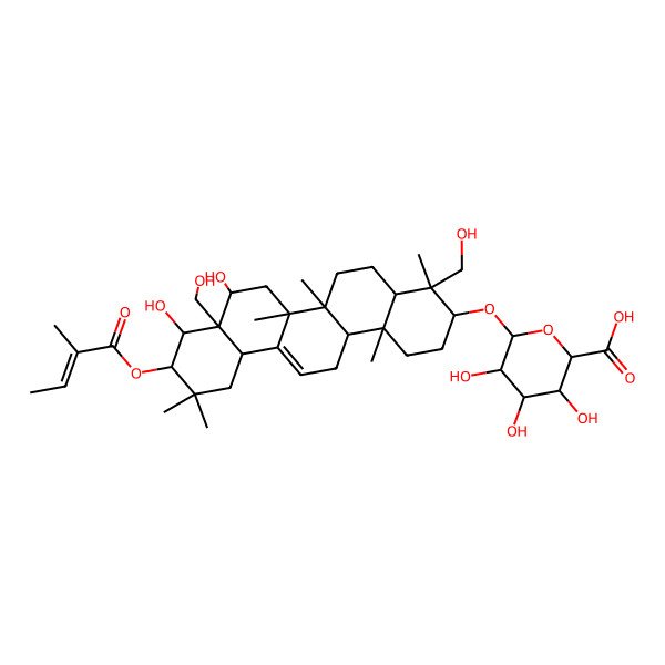 2D Structure of (2S,3S,4S,5R,6R)-6-[[(3S,4R,4aR,6aR,6bS,8S,8aR,9R,10R,12aS,14aR,14bR)-8,9-dihydroxy-4,8a-bis(hydroxymethyl)-4,6a,6b,11,11,14b-hexamethyl-10-[(Z)-2-methylbut-2-enoyl]oxy-1,2,3,4a,5,6,7,8,9,10,12,12a,14,14a-tetradecahydropicen-3-yl]oxy]-3,4,5-trihydroxyoxane-2-carboxylic acid