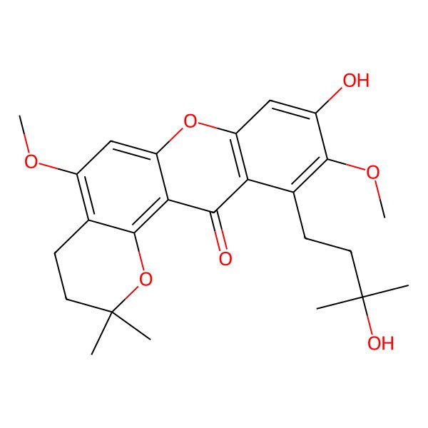 2D Structure of 9-Hydroxy-11-(3-hydroxy-3-methylbutyl)-5,10-dimethoxy-2,2-dimethyl-3,4-dihydropyrano[2,3-a]xanthen-12-one