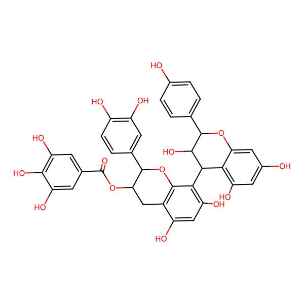 2D Structure of [2-(3,4-dihydroxyphenyl)-5,7-dihydroxy-8-[3,5,7-trihydroxy-2-(4-hydroxyphenyl)-3,4-dihydro-2H-chromen-4-yl]-3,4-dihydro-2H-chromen-3-yl] 3,4,5-trihydroxybenzoate