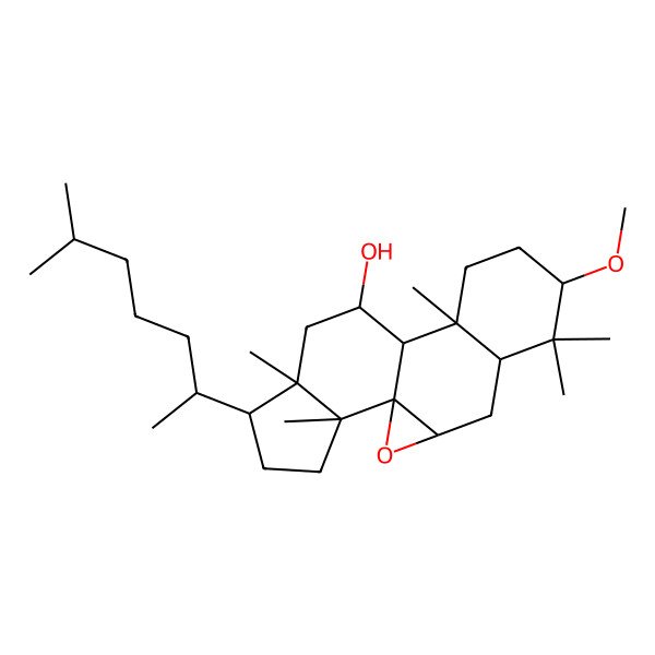 2D Structure of 7-Methoxy-6,6,10,14,18-pentamethyl-15-(6-methylheptan-2-yl)-2-oxapentacyclo[9.7.0.01,3.05,10.014,18]octadecan-12-ol