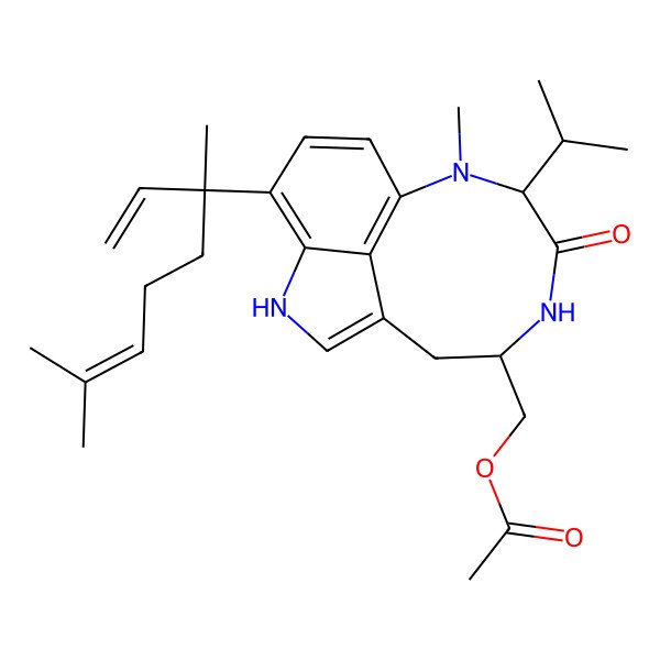 2D Structure of [(10S,13S)-5-[(3R)-3,7-dimethylocta-1,6-dien-3-yl]-9-methyl-11-oxo-10-propan-2-yl-3,9,12-triazatricyclo[6.6.1.04,15]pentadeca-1,4,6,8(15)-tetraen-13-yl]methyl acetate