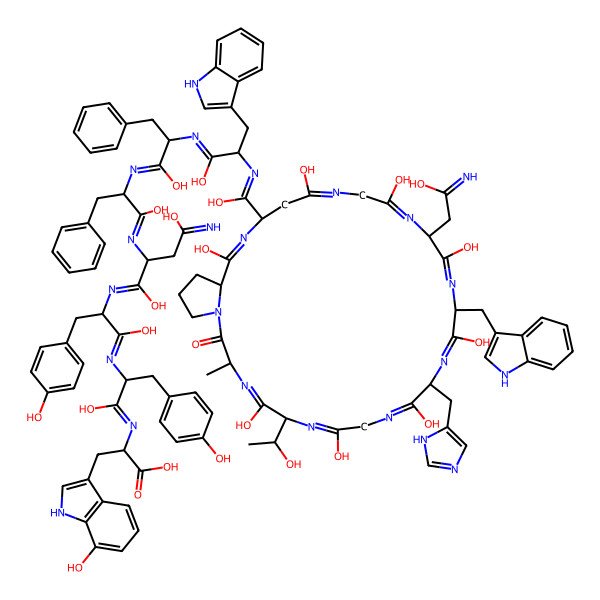 2D Structure of (2S)-2-[[(2S)-2-[[(2S)-2-[[(2S)-1,4-dihydroxy-2-[[(2S)-1-hydroxy-2-[[(2S)-1-hydroxy-2-[[(2S)-1-hydroxy-2-[[hydroxy-[(3S,6S,12S,15S,18S,25S,28S)-5,8,11,14,17,20,23,27-octahydroxy-6-[(1R)-1-hydroxyethyl]-18-(2-hydroxy-2-iminoethyl)-12-(1H-imidazol-5-ylmethyl)-15-(1H-indol-3-ylmethyl)-3-methyl-2-oxo-1,4,7,10,13,16,19,22,26-nonazabicyclo[26.3.0]hentriaconta-4,7,10,13,16,19,22,26-octaen-25-yl]methylidene]amino]-3-(1H-indol-3-yl)propylidene]amino]-3-phenylpropylidene]amino]-3-phenylpropylidene]amino]-4-iminobutylidene]amino]-1-hydroxy-3-(4-hydroxyphenyl)propylidene]amino]-1-hydroxy-3-(4-hydroxyphenyl)propylidene]amino]-3-(7-hydroxy-1H-indol-3-yl)propanoic acid