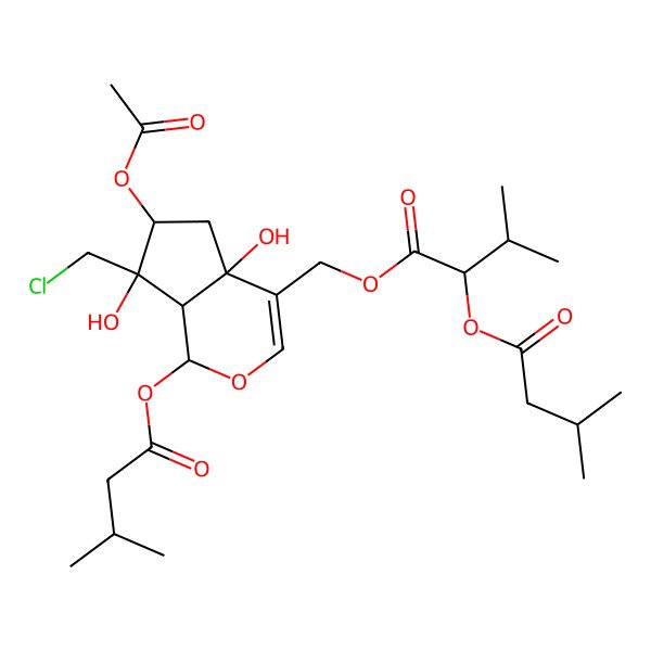 2D Structure of [(1S,4aR,6S,7R,7aS)-6-acetyloxy-7-(chloromethyl)-4a,7-dihydroxy-1-(3-methylbutanoyloxy)-1,5,6,7a-tetrahydrocyclopenta[c]pyran-4-yl]methyl (2S)-3-methyl-2-(3-methylbutanoyloxy)butanoate
