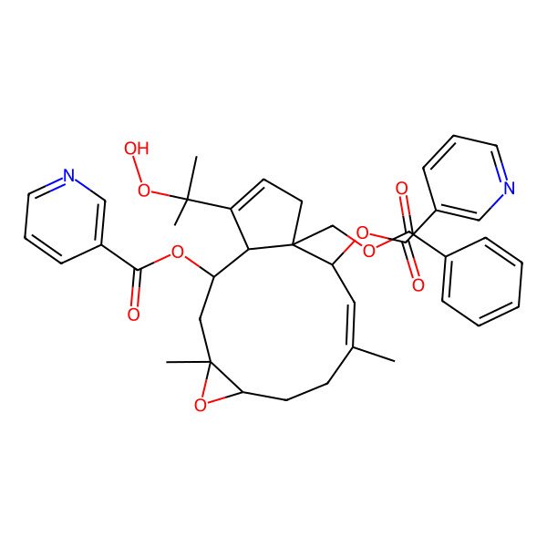 2D Structure of [12-(Benzoyloxymethyl)-15-(2-hydroperoxypropan-2-yl)-4,9-dimethyl-11-(pyridine-3-carbonyloxy)-5-oxatricyclo[10.3.0.04,6]pentadeca-9,14-dien-2-yl] pyridine-3-carboxylate