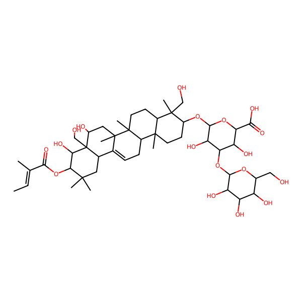 2D Structure of (2S,3S,4S,5R,6R)-6-[[(3S,4R,4aR,6aR,6bS,8S,8aR,9R,10R,12aS,14aR,14bR)-8,9-dihydroxy-4,8a-bis(hydroxymethyl)-4,6a,6b,11,11,14b-hexamethyl-10-[(Z)-2-methylbut-2-enoyl]oxy-1,2,3,4a,5,6,7,8,9,10,12,12a,14,14a-tetradecahydropicen-3-yl]oxy]-3,5-dihydroxy-4-[(2S,3R,4S,5S,6R)-3,4,5-trihydroxy-6-(hydroxymethyl)oxan-2-yl]oxyoxane-2-carboxylic acid