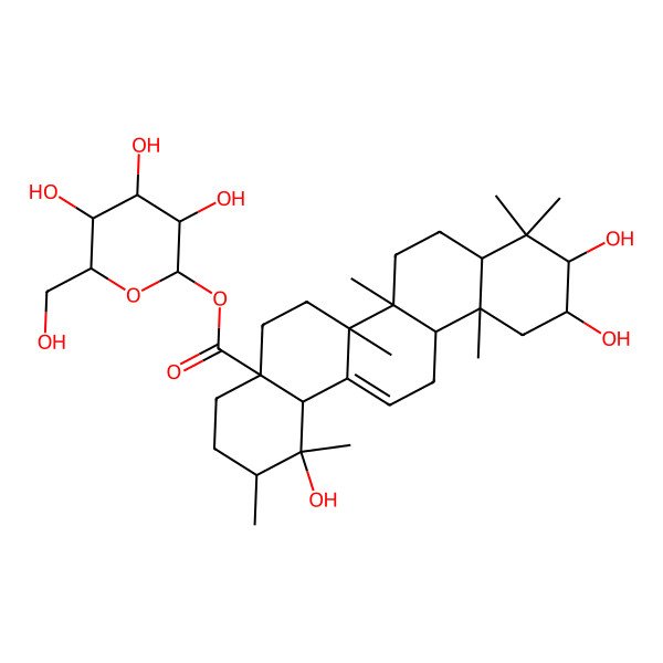 2D Structure of [(2S,3R,4S,5S,6R)-3,4,5-trihydroxy-6-(hydroxymethyl)oxan-2-yl] (1R,2R,4aS,6aS,6aR,6bR,8aS,10R,11R,12aR,14bS)-1,10,11-trihydroxy-1,2,6a,6b,9,9,12a-heptamethyl-2,3,4,5,6,6a,7,8,8a,10,11,12,13,14b-tetradecahydropicene-4a-carboxylate