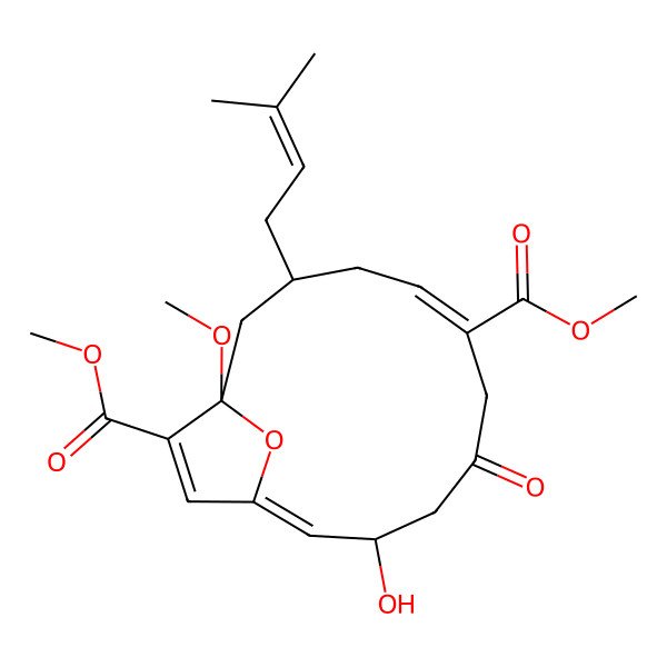 2D Structure of dimethyl (5Z,11Z)-10-hydroxy-1-methoxy-3-(3-methylbut-2-enyl)-8-oxo-15-oxabicyclo[10.2.1]pentadeca-5,11,13-triene-6,14-dicarboxylate