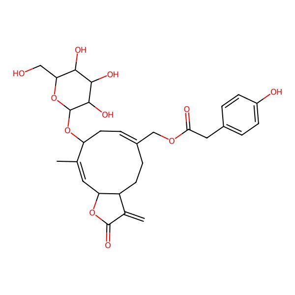 2D Structure of [10-Methyl-3-methylidene-2-oxo-9-[3,4,5-trihydroxy-6-(hydroxymethyl)oxan-2-yl]oxy-3a,4,5,8,9,11a-hexahydrocyclodeca[b]furan-6-yl]methyl 2-(4-hydroxyphenyl)acetate