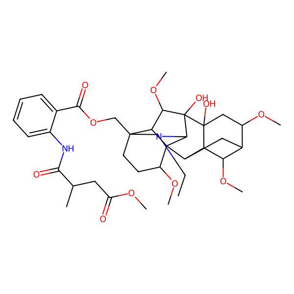 2D Structure of [(1S,2R,3R,4S,5R,6S,8R,9S,10S,13S,16S,17R,18S)-11-ethyl-8,9-dihydroxy-4,6,16,18-tetramethoxy-11-azahexacyclo[7.7.2.12,5.01,10.03,8.013,17]nonadecan-13-yl]methyl 2-[[(2R)-4-methoxy-2-methyl-4-oxobutanoyl]amino]benzoate