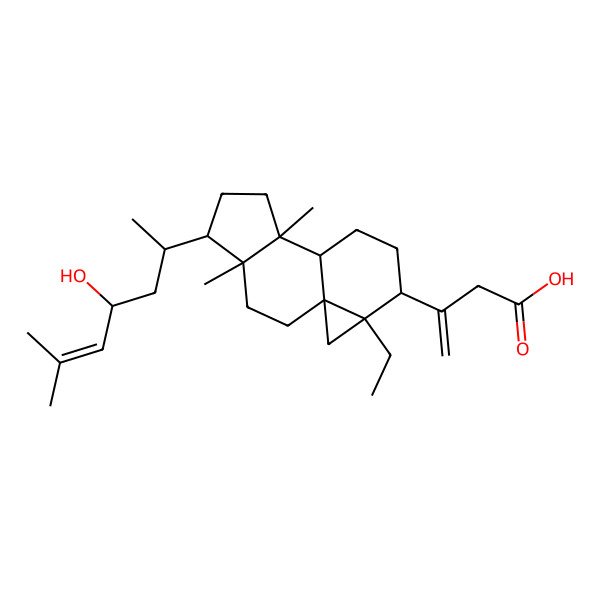 2D Structure of 3-[(1S,4R,5R,8S,9S,12S,13R)-13-ethyl-5-[(2R)-4-hydroxy-6-methylhept-5-en-2-yl]-4,8-dimethyl-12-tetracyclo[7.5.0.01,13.04,8]tetradecanyl]but-3-enoic acid