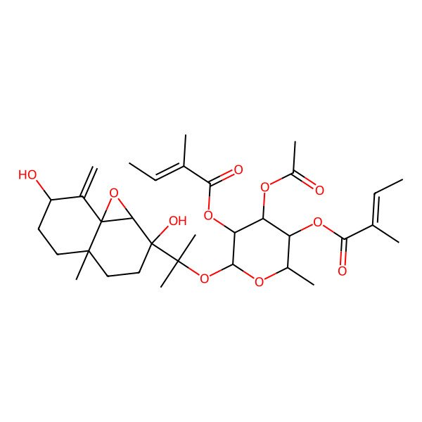 2D Structure of [(2R,3S,4S,5R)-6-[2-[(1aR,2R,4aR,7R,8aR)-2,7-dihydroxy-4a-methyl-8-methylidene-1a,3,4,5,6,7-hexahydronaphtho[1,8a-b]oxiren-2-yl]propan-2-yloxy]-4-acetyloxy-2-methyl-5-[(Z)-2-methylbut-2-enoyl]oxyoxan-3-yl] (Z)-2-methylbut-2-enoate