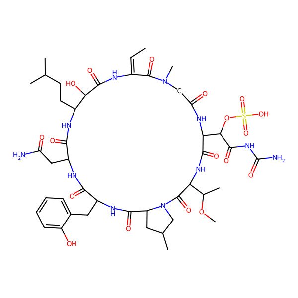 2D Structure of [(1S)-1-[(3S,6R,12Z,15R,16R,19S,22R,25S,27S)-19-(2-amino-2-oxoethyl)-12-ethylidene-15-hydroxy-22-[(2-hydroxyphenyl)methyl]-3-[(1R)-1-methoxyethyl]-10,27-dimethyl-16-(3-methylbutyl)-2,5,8,11,14,18,21,24-octaoxo-1,4,7,10,13,17,20,23-octazabicyclo[23.3.0]octacosan-6-yl]-2-(carbamoylamino)-2-oxoethyl] hydrogen sulfate